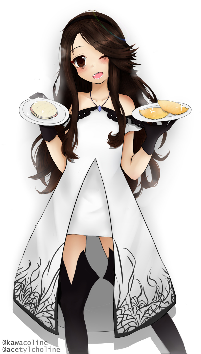 1girl :d acetylcholine agnes_oblige boots brown_eyes brown_hair head_tilt holding holding_food loli solo wink