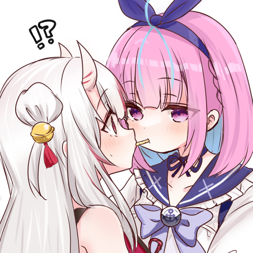 !? 2girls absurdres bangs bare_shoulders bell blue_choker blue_hair blue_hairband blue_sailor_collar blunt_bangs blush braid choker collarbone colored_inner_hair double_bun food frilled_sailor_collar frilled_shirt_collar frills hair_bell hair_bun hair_ornament hairband highres hololive horns incoming_pocky_kiss jacket jingle_bell long_hair looking_at_another minato_aqua mouth_hold multicolored_hair multiple_girls nakiri_ayame oni oni_horns pocky pocky_day pocky_kiss purple_hair red_eyes redhead ribbon_choker roboro935672 sailor_collar sailor_shirt school_uniform serafuku shared_food shirt side_braid simple_background skin-covered_horns streaked_hair sweat tassel tassel_hair_ornament two-tone_hair two_side_up upper_body violet_eyes virtual_youtuber white_background white_hair white_jacket white_shirt yuri