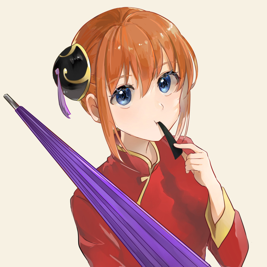 1girl absurdres bangs blue_eyes brown_hair china_dress chinese_clothes closed_umbrella dress eating gintama hair_between_eyes hair_bun highres hiyo_(pixiv31594891) holding holding_umbrella kagura_(gintama) long_sleeves oil-paper_umbrella purple_umbrella red_dress shiny shiny_hair short_hair simple_background solo umbrella upper_body white_background