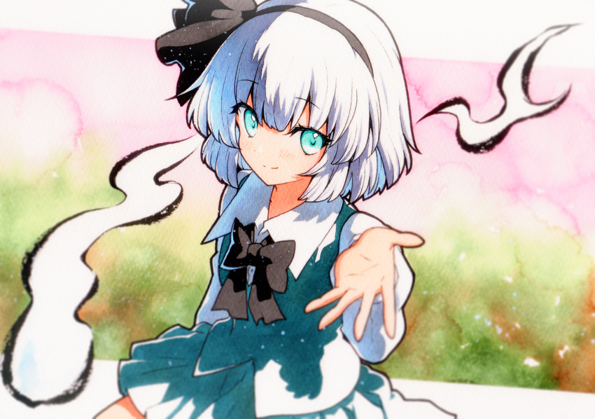 1girl aqua_eyes bangs black_bow black_bowtie black_hairband black_ribbon blue_skirt blue_vest bob_cut bow bow_hairband bowtie closed_mouth collared_shirt commentary hair_ribbon hairband hand_up highres hitodama konpaku_youmu konpaku_youmu_(ghost) light_blush long_sleeves looking_at_viewer outstretched_arm outstretched_hand overexposure qqqrinkappp ribbon shirt short_hair skirt skirt_set smile solo touhou traditional_media upper_body vest watercolor_background white_hair white_shirt wing_collar