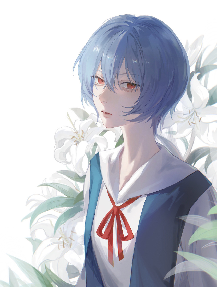 1girl absurdres ayanami_rei bangs blue_hair dress expressionless floral_background flower from_side hair_between_eyes highres lily_(flower) looking_at_viewer neck_ribbon neon_genesis_evangelion parted_lips pinafore_dress red_eyes ribbon sailor_collar school_uniform shirt short_hair simple_background solo tokyo-3_middle_school_uniform upper_body white_background white_flower white_shirt yu_ge_wen_jiu