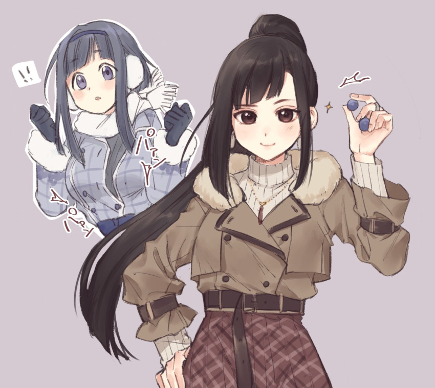 2girls ahoge asymmetrical_bangs bangs belt black_gloves black_hair black_hairband black_shirt blue_jacket blunt_bangs brown_belt brown_eyes brown_hair brown_jacket brown_skirt buttons clenched_hands closed_mouth diagonal_bangs earmuffs earrings fur-trimmed_hood fur_trim gloves grey_background hairband hand_on_hip hand_up hands_up highres holding hood hood_down hooded_jacket jacket jewelry lapels leather_belt light_blush long_hair long_sleeves looking_at_viewer magia_record:_mahou_shoujo_madoka_magica_gaiden mahou_shoujo_madoka_magica minagi_sasara multiple_girls necklace outline parted_lips plaid plaid_skirt pleated_skirt ribbed_sweater scarf shirt sidelocks skirt smile sweater tatsuki_asuka turtleneck turtleneck_sweater very_long_hair violet_eyes white_outline white_scarf yellow_sweater yukishiro_(hitsuji)