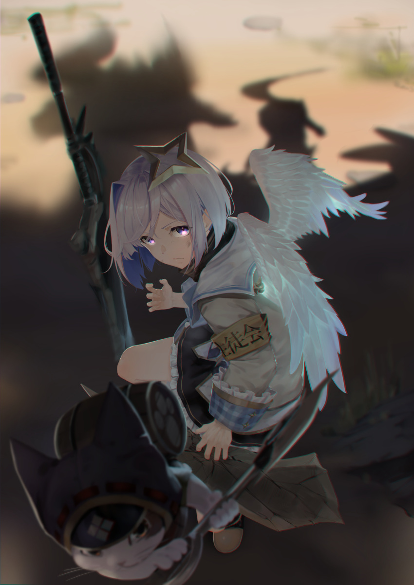 1girl absurdres amane_kanata angel angel_wings armband asymmetrical_hair black_skirt blue_hair blurry broken_ground cat character_request colored_inner_hair depth_of_field feathered_wings fighting_stance from_side glowing glowing_eyes grey_hair halo highres holding holding_weapon hololive jhc_kai looking_at_viewer miniskirt monster_hunter_(series) multicolored_hair pink_hair pleated_skirt school_uniform shadow short_hair single_hair_intake skirt star_halo streaked_hair violet_eyes virtual_youtuber weapon white_wings wings