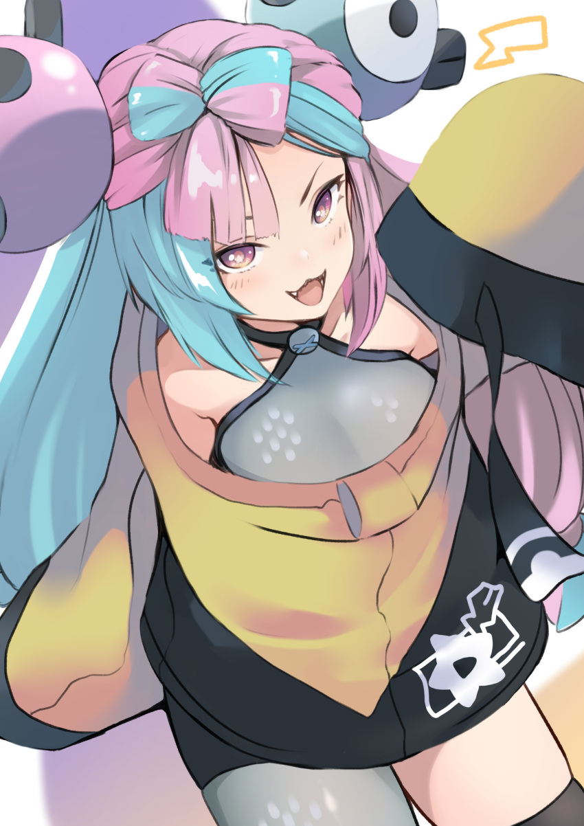 absurdres bow-shaped_hair character_hair_ornament dyson_(edaokunnsaikouya) grey_pantyhose hair_ornament hexagon_print highres iono_(pokemon) jacket long_hair low-tied_long_hair oversized_clothes pantyhose pokemon pokemon_(game) pokemon_sv sharp_teeth single_leg_pantyhose sleeves_past_fingers sleeves_past_wrists symbol_in_eye teeth very_long_sleeves x yellow_jacket