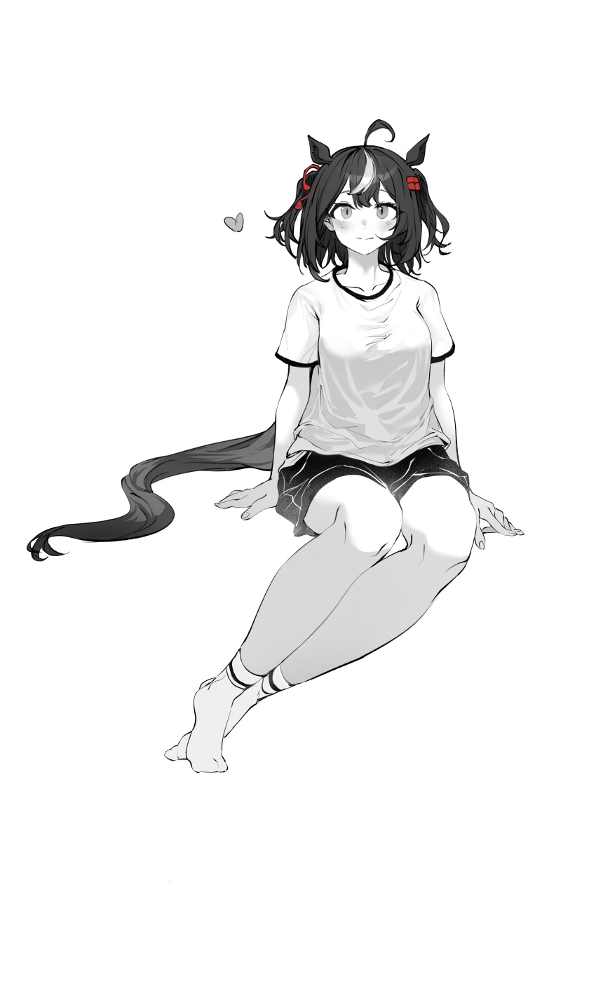 1girl absurdres ahoge animal_ears bangs blush breasts collarbone commentary_request full_body greyscale gym_shirt gym_shorts gym_uniform hair_between_eyes hair_ornament hairband hands_on_ground heart highres horse_ears horse_girl horse_tail kapo kitasan_black_(umamusume) korean_commentary long_hair looking_at_viewer medium_breasts monochrome no_shoes red_hairband shirt short_hair short_sleeves shorts simple_background sitting smile socks solo tail umamusume white_background yokozuwari