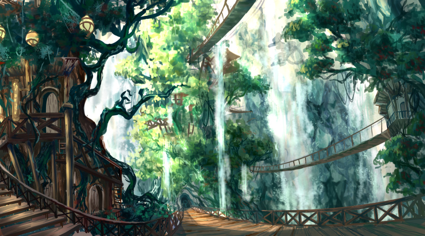 bridge c4_art day forest highres lantern nature no_humans original outdoors roots scenery stairs tree treehouse water waterfall wood wooden_bridge