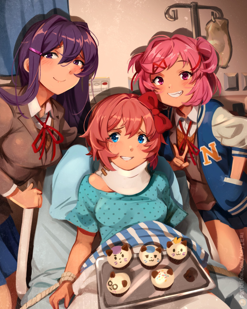 3girls absurdres baking_sheet bed blue_eyes blue_skirt bound bow commentary cupcake doki_doki_literature_club english_commentary fang food hair_ornament hairclip highres hospital hospital_bed hospital_gown indoors intravenous_drip jacket khyle. letterman_jacket long_hair looking_at_viewer lying multiple_girls natsuki_(doki_doki_literature_club) neck_brace on_back on_bed pillow pink_eyes pink_hair pleated_skirt purple_hair red_bow restrained rope sayori_(doki_doki_literature_club) school_uniform short_hair skirt smile standing tied_up_(nonsexual) twintails v violet_eyes yuri_(doki_doki_literature_club)