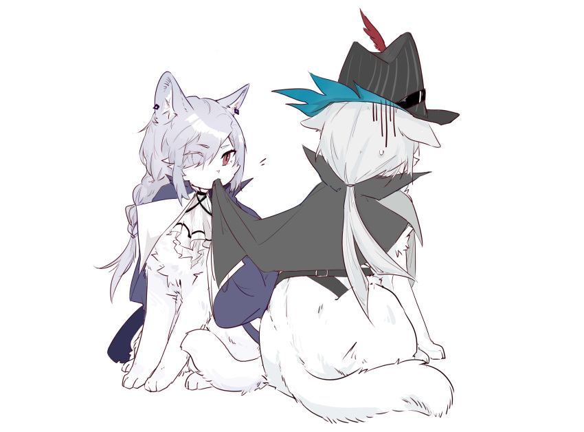 1boy 1girl absurdres animal animalization arknights black_cape black_headwear braid cape cat gladiia_(arknights) grey_hair hair_over_one_eye hat highres huayinglianpiangushixun long_hair low_ponytail mouth_hold no_humans ponytail red_eyes simple_background single_braid sweat ulpianus_(arknights) very_long_hair white_background