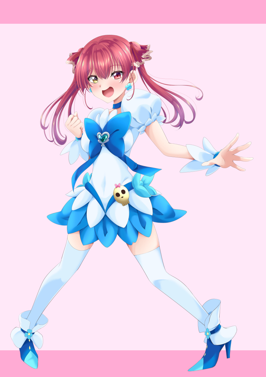 1girl absurdres alternate_costume blue_choker blue_footwear blue_skirt boots breasts brooch choker clover_earrings cosplay cure_marine cure_marine_(cosplay) flower_brooch full_body hair_ribbon heart_brooch heartcatch_precure! heterochromia high_heels highres hololive houshou_marine jewelry long_hair magical_girl medium_breasts pink_background precure puffy_short_sleeves puffy_sleeves red_eyes redhead ribbon s-operator shirt short_sleeves skirt skull_ornament solo thigh-highs twintails virtual_youtuber white_shirt white_thighhighs yellow_eyes