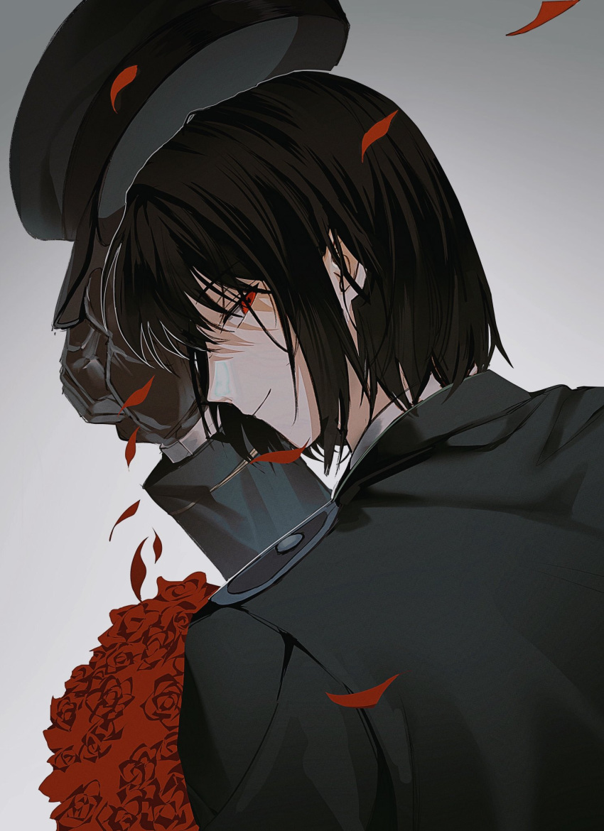 1boy black_gloves black_hair flower from_behind gloves hat highres holding holding_clothes holding_hat looking_at_viewer military military_hat military_uniform petals red_eyes red_flower red_rose rose rose_petals smile solo spy_x_family uniform upper_body wstone_56 yuri_briar