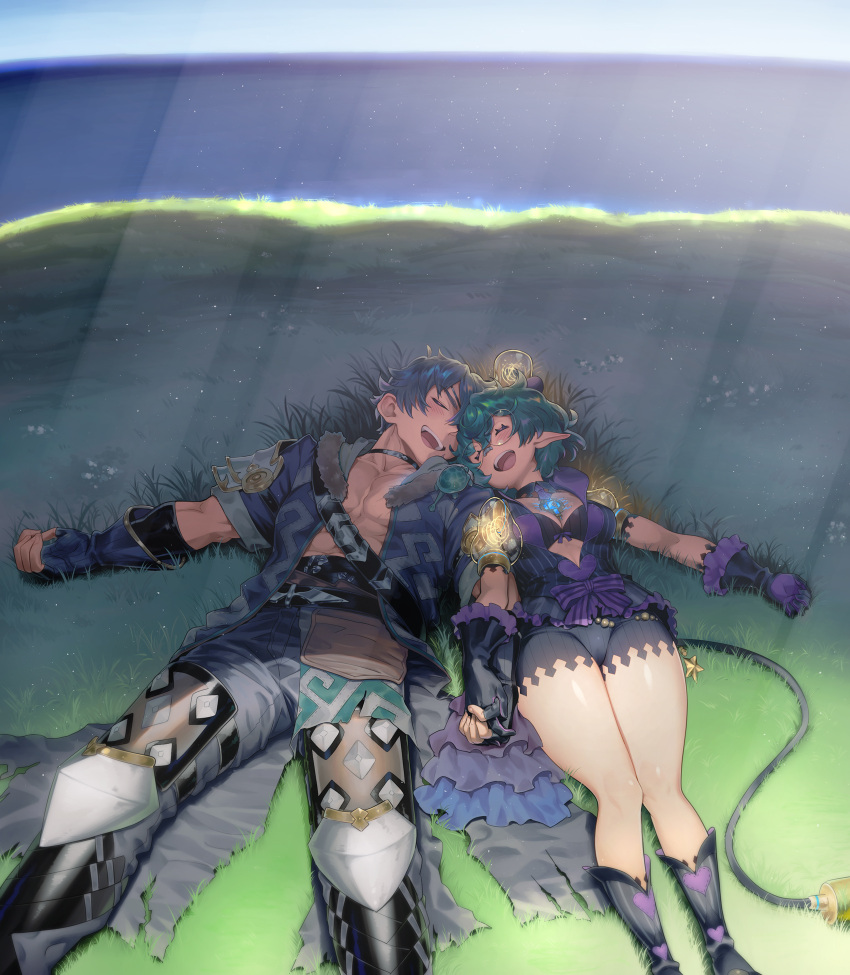 1boy 1girl :d abs armored_boots bangs black_gloves blue_sky boots bra chest_jewel clouds cloudy_sky coat eyepatch fingerless_gloves gloves grass green_hair grey_coat grey_hair highres holding_hands jacket lying muscular muscular_male natto_soup on_back open_mouth outdoors pandoria_(xenoblade) purple_bra purple_footwear purple_gloves purple_jacket purple_shorts shadow short_hair short_sleeves shorts sky smile tail underwear xenoblade_chronicles_(series) xenoblade_chronicles_2 zeke_von_genbu_(xenoblade)