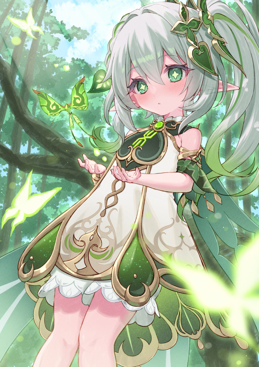 1girl bangs bloomers blurry bug butterfly commentary_request cowboy_shot depth_of_field detached_sleeves dress flower-shaped_pupils forest genshin_impact gradient_hair green_eyes hair_between_eyes hair_ornament hands_up highres long_hair looking_at_viewer multicolored_hair nahida_(genshin_impact) nature oekakikei parted_lips pointy_ears revision short_sleeves side_ponytail sidelocks sleeveless sleeveless_dress solo symbol-shaped_pupils tree underwear white_dress white_hair