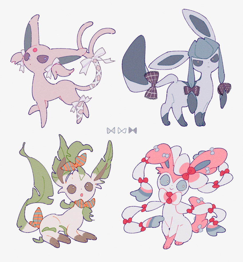 bright_pupils brown_eyes closed_mouth espeon glaceon highres leafeon looking_at_viewer looking_down no_humans oharu-chan pokemon pokemon_(creature) ribbon simple_background sitting smile standing sylveon violet_eyes white_background white_pupils