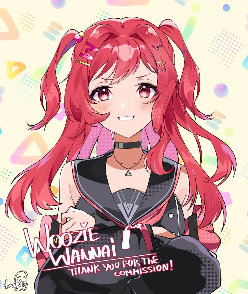 absurdres bare_shoulders choker crossed_arms delinquent hair_ornament hairclip highres jacket jewelry myholo_tv necklace off_shoulder open_clothes open_jacket redhead school_uniform smirk two_side_up wakiobake woozie_wannai yankee