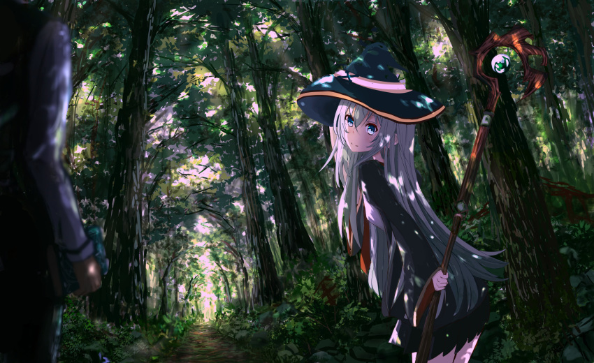 1boy 1girl bangs black_headwear black_jacket black_pants black_skirt black_vest blue_eyes blush bush c4_art canopy_(forest) closed_mouth cowboy_shot crossed_bangs day forest hair_between_eyes hat highres holding holding_staff jacket long_hair long_sleeves nature original outdoors pants plant scenery shirt skirt smile solo_focus staff tree vest white_hair white_shirt witch_hat
