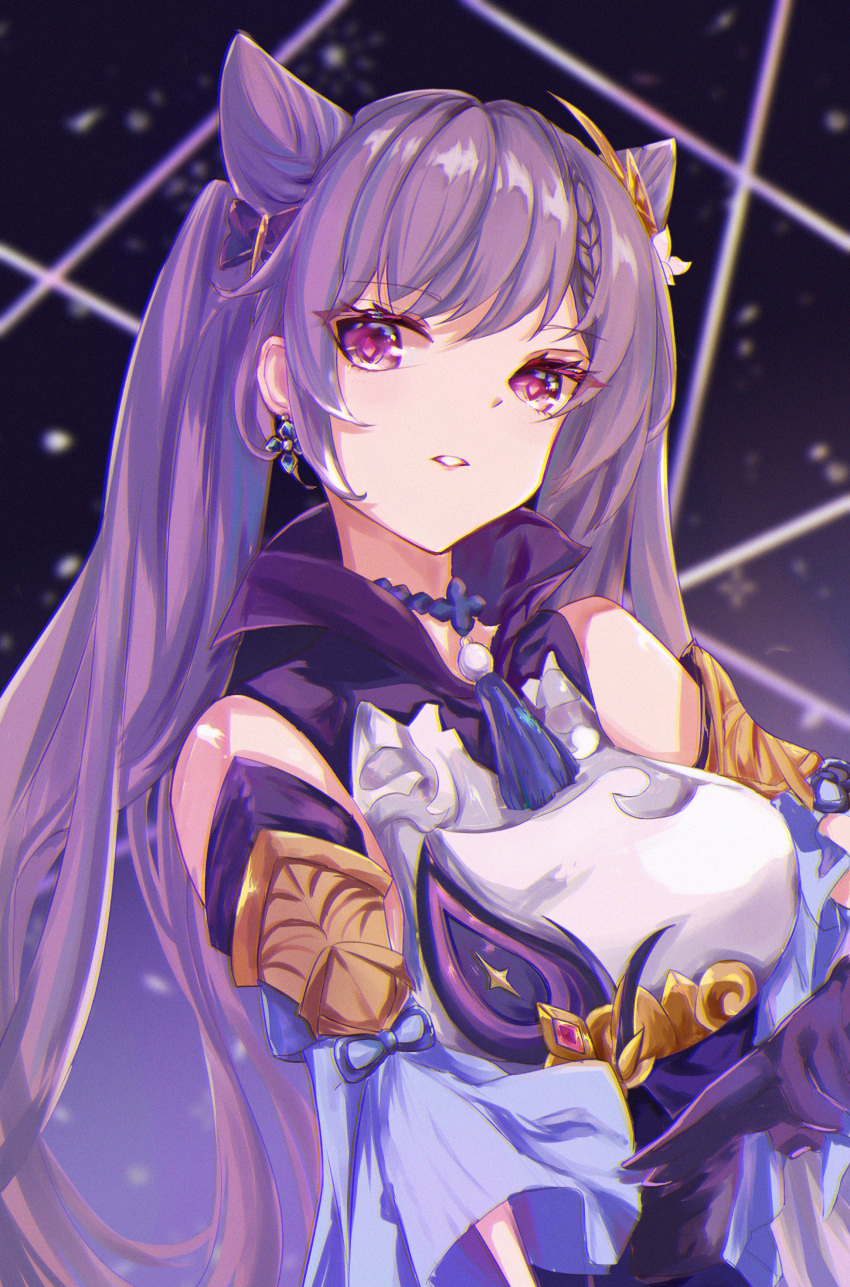 1girl absurdres bangs choker commentary_request cone_hair_bun detached_sleeves double_bun earrings genshin_impact gloves hair_between_eyes hair_bun hair_ornament highres jewelry keqing_(genshin_impact) long_hair looking_at_viewer parted_lips pose purple_gloves purple_hair short_sleeves sidelocks simple_background solo twintails violet_eyes wide_sleeves yazawa_yuki