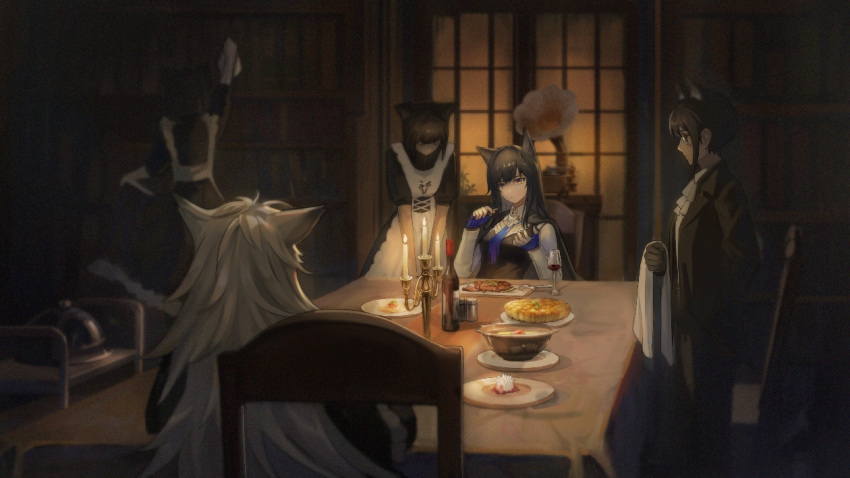 1boy 4girls alcohol animal_ear_fluff animal_ears apron arknights black_apron black_cape black_hair black_vest blue_gloves blue_necktie bookshelf bottle bread47 breasts brown_eyes butler candle cape closed_mouth collared_shirt cup drinking_glass fingerless_gloves food gloves grey_hair holding holding_food lappland_(arknights) large_breasts long_hair maid meat multiple_girls necktie phonograph plate pocky shirt sitting texas_(arknights) texas_the_omertosa_(arknights) very_long_hair vest white_apron white_shirt wine wine_glass wolf_ears