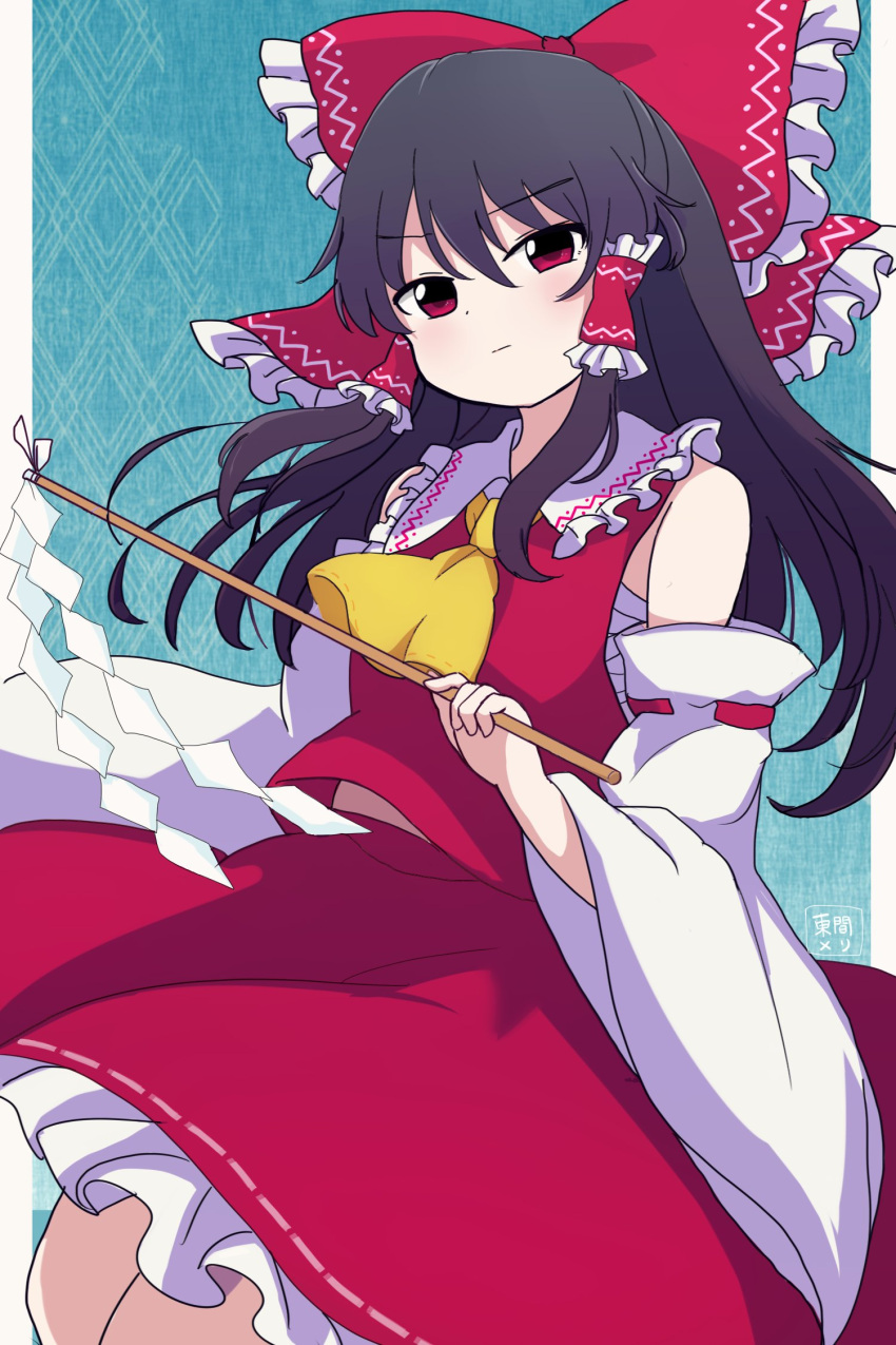 1girl ascot black_hair bow collared_shirt detached_sleeves frilled_bow frilled_hair_tubes frilled_shirt_collar frills hair_bow hair_tubes hakurei_reimu highres long_hair red_bow red_eyes red_shirt red_skirt rei_(tonbo0430) ribbon-trimmed_sleeves ribbon_trim sarashi shirt skirt skirt_set sleeveless sleeveless_shirt solo touhou white_sleeves wide_sleeves yellow_ascot