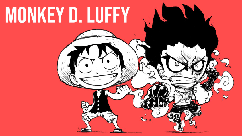 1boy arm_up arms_up bangs bare_shoulders blacknirrow buttons character_name chibi clenched_hands clenched_teeth commentary english_commentary english_text fighting_stance floating forehead full_body gear_fourth grin hand_up happy hat highres legs_apart looking_at_viewer male_focus monkey_d._luffy monochrome multiple_views one_piece outstretched_arm red_background sandals scar scar_on_chest scar_on_face shorts simple_background smile smoke spiky_hair standing straw_hat teeth topless_male v-shaped_eyebrows vest wide-eyed