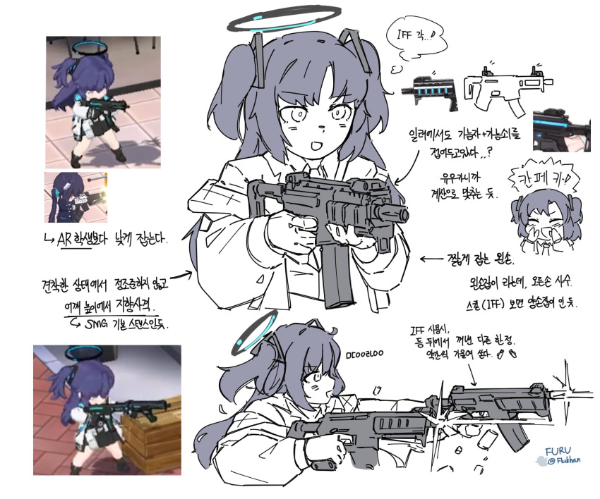 2girls bangs blue_archive blush closed_eyes dual_wielding firing flukhan game_screenshot gun hair_ornament halo highres holding holding_gun holding_weapon jacket korean_commentary long_hair multiple_girls open_mouth reference_inset serika_(blue_archive) simple_background submachine_gun translation_request twitter_username two_side_up weapon white_background yuuka_(blue_archive)