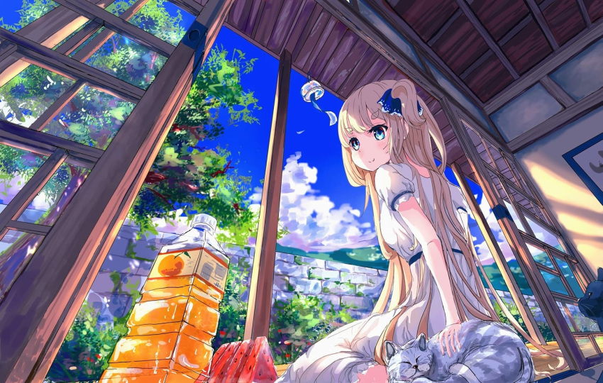 1girl bangs black_cat blonde_hair blue_eyes blue_sky blush bush c4_art cat closed_mouth clouds commentary_request dress food from_below fruit full_body grass grey_cat long_hair looking_at_viewer one_side_up orange_juice original petting short_sleeves sitting sky smile solo summer thick_eyebrows tree veranda wall wariza watermelon watermelon_slice white_dress