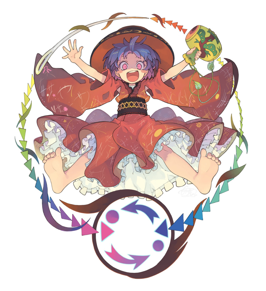 1girl :d absurdres bare_legs barefoot blush_stickers bowl bowl_hat constricted_pupils feet hat highres holding holding_mallet japanese_clothes kimono long_sleeves looking_at_viewer mallet miracle_mallet morino_hon needle obi open_mouth outstretched_arms pink_eyes purple_hair red_kimono round_teeth sash short_hair sleeves_pushed_up smile soles solo spread_arms spread_legs sukuna_shinmyoumaru teeth toes touhou upper_teeth wide_sleeves