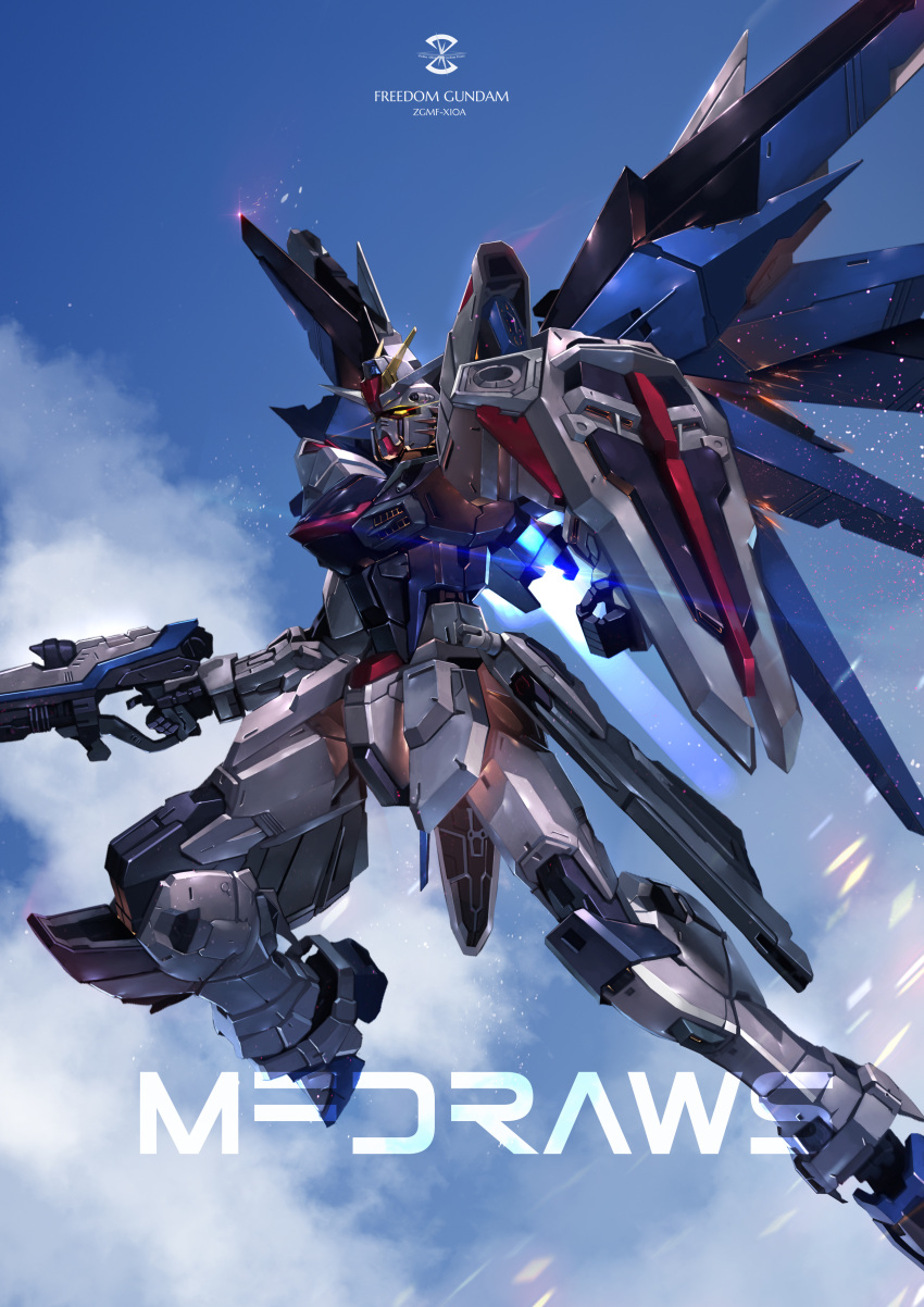 absurdres artist_name beam_rifle blue_sky brayanong999 character_name clouds cloudy_sky commentary_request energy_gun english_commentary english_text flying freedom_gundam gun gundam gundam_seed highres holding holding_gun holding_weapon logo mecha mobile_suit no_humans partial_commentary robot science_fiction shield sky solo v-fin watermark weapon yellow_eyes