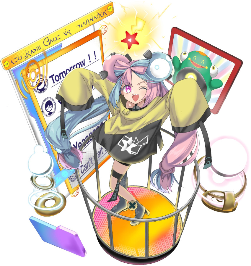 1girl bellibolt bow-shaped_hair character_hair_ornament grey_pantyhose hair_ornament hexagon_print highres iono_(pokemon) jacket keiki8296 long_hair low-tied_long_hair oversized_clothes pantyhose pokemon pokemon_(game) pokemon_sv sharp_teeth single_leg_pantyhose sleeves_past_fingers sleeves_past_wrists solo star_(symbol) star_in_eye symbol_in_eye teeth very_long_sleeves x yellow_jacket