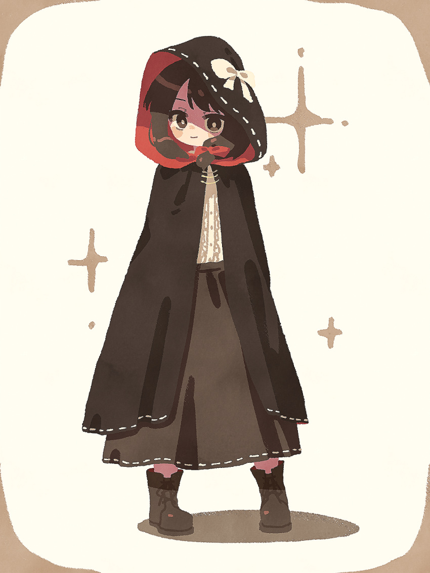 1girl black_cloak black_footwear black_skirt blush_stickers boots bow bright_pupils brown_eyes brown_hair cloak closed_mouth commentary full_body hair_bow highres hood hood_up hooded_cloak medium_hair nama_udon red_bow red_cloak ribbon-trimmed_cloak ribbon-trimmed_skirt ribbon_trim shirt skirt smile solo sparkle touhou two-sided_cloak two-sided_fabric usami_renko white_pupils white_shirt