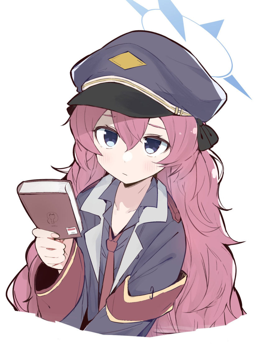 1girl armband black_jacket blue_archive blue_eyes book cksgd closed_mouth collared_shirt cropped_torso hair_between_eyes halo hat highres holding holding_book iroha_(blue_archive) jacket light_blush long_hair long_sleeves looking_at_viewer military_hat military_jacket necktie open_clothes open_jacket red_necktie redhead safety_pin shirt simple_background solo upper_body white_background wide_sleeves