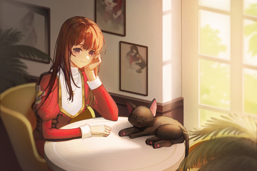 1girl black_cat brown_eyes brown_hair cat chair closed_mouth commentary_request cross cross_necklace erica_fontaine hand_on_own_cheek hand_on_own_face head_rest highres jewelry juliet_sleeves long_hair long_sleeves looking_at_viewer necklace portrait_(object) puffy_sleeves sakura-wars sakura_taisen sitting smile solo table window
