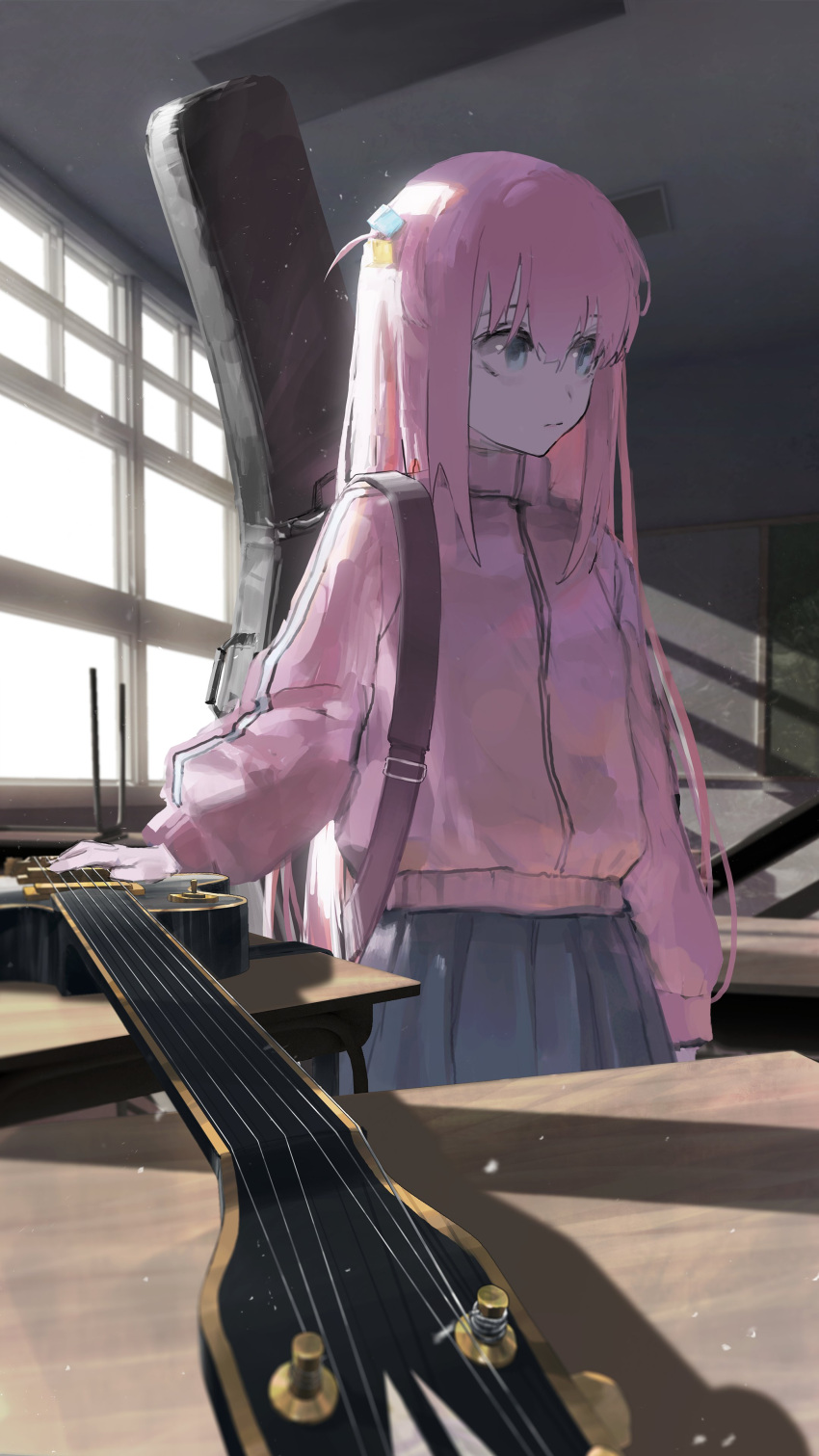 1girl absurdres bangs blue_eyes bocchi_the_rock! classroom cube_hair_ornament desk electric_guitar gibson_les_paul gotou_hitori grey_skirt guitar guitar_case hair_cubes hair_ornament highres indoors instrument instrument_case jacket long_hair long_sleeves looking_to_the_side one_side_up pink_hair pink_jacket pleated_skirt rsef school_desk skirt solo standing track_jacket window