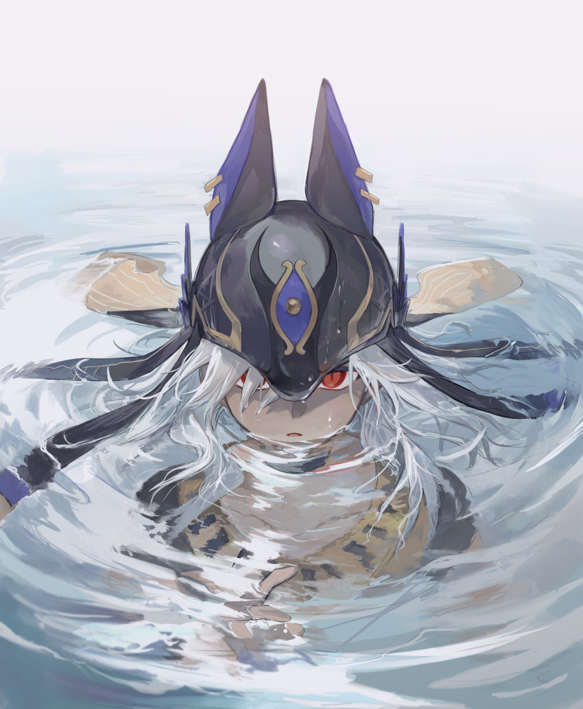 1boy animal_hat bangs black_choker black_headwear choker commentary_request cyno_(genshin_impact) dark-skinned_male dark_skin egyptian_clothes genshin_impact hair_between_eyes hair_over_one_eye hat highres long_hair looking_at_viewer male_focus parted_lips partially_submerged red_eyes ripples solo upper_body water wet wet_hair white_hair zaso