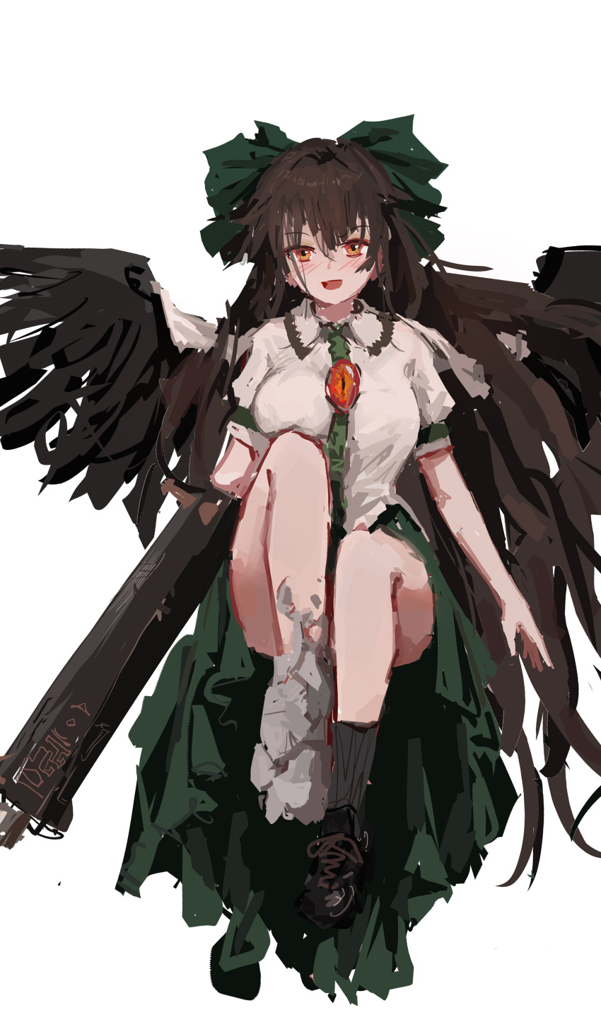 1girl absurdres arm_cannon asymmetrical_footwear bird_wings black_wings bow cape chest_jewel convenient_leg feathered_wings full_body green_bow green_skirt hair_bow highres long_hair looking_at_viewer mismatched_footwear orange_eyes reddizen reiuji_utsuho shirt shoes short_sleeves simple_background skirt solo touhou weapon white_background white_cape wings
