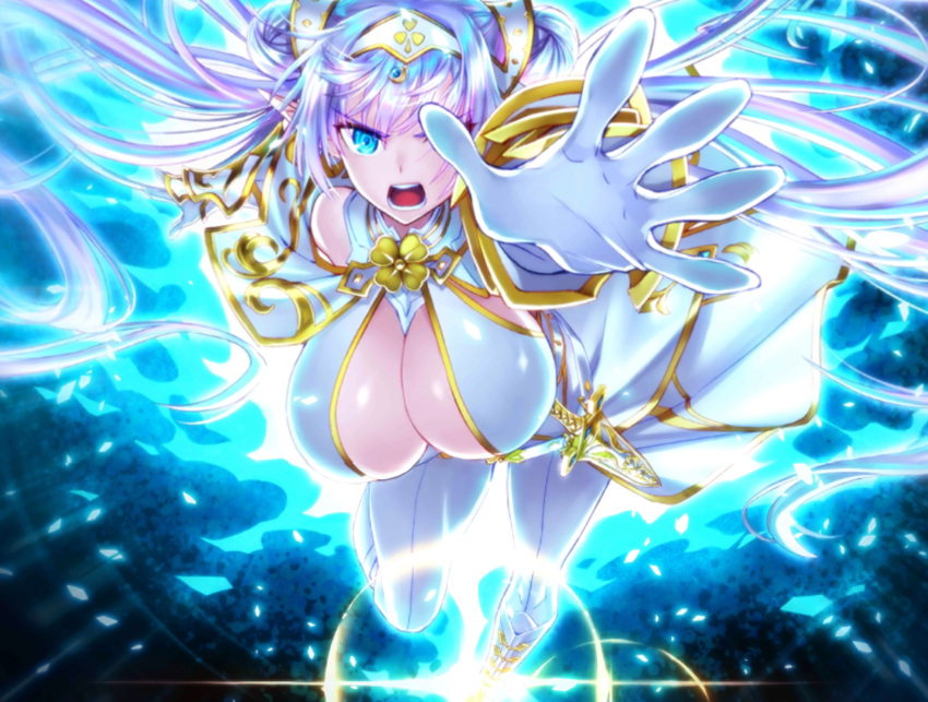 absurdres angry aura blue_eyes breasts britomart_(fate) elf fate/grand_order fate_(series) highres large_breasts light_particles long_hair looking_at_viewer matsuryuu non-web_source official_art open_mouth pointy_ears shirt white_hair white_shirt