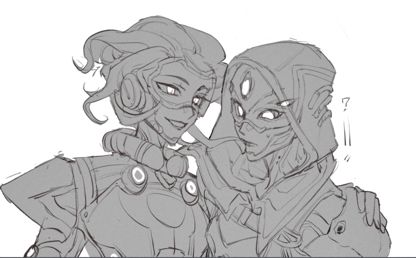 2girls ? android apex_legends ash_(titanfall_2) denizen_of_the_deep_ash goggles greyscale hand_on_another's_shoulder highres hood hood_up horizon_(apex_legends) mask monochrome multiple_girls official_alternate_costume overfloater_horizon parted_lips portrait ruu47 short_hair sketch smile spacesuit white_background