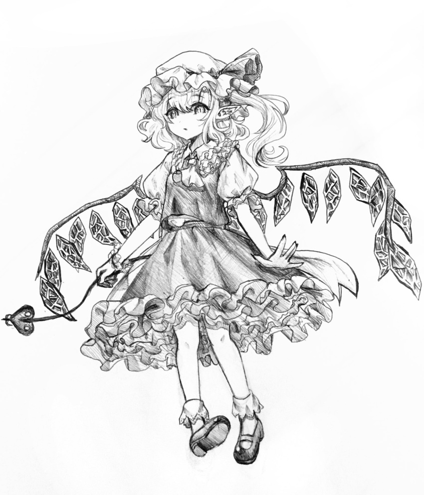 1girl bangs crystal flandre_scarlet full_body greyscale hair_between_eyes hat highres laevatein_(touhou) looking_at_viewer mob_cap monochrome puffy_short_sleeves puffy_sleeves shoes short_sleeves simple_background skirt slit_pupils socks solo sunamogu touhou traditional_media white_background wings