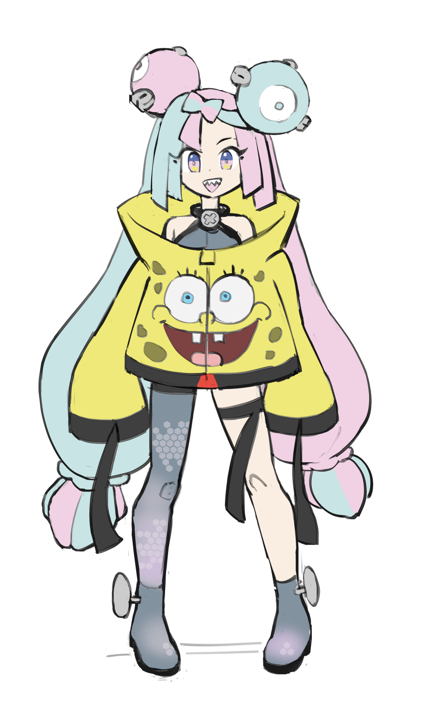 1girl absurdres bow-shaped_hair character_hair_ornament formerly grey_pantyhose hair_ornament hexagon_print highres iono_(pokemon) jacket long_hair low-tied_long_hair oversized_clothes pantyhose pokemon pokemon_(game) pokemon_sv sharp_teeth simple_background single_leg_pantyhose sleeves_past_wrists solo spongebob_squarepants spongebob_squarepants_(character) teeth twintails very_long_sleeves white_background x yellow_jacket