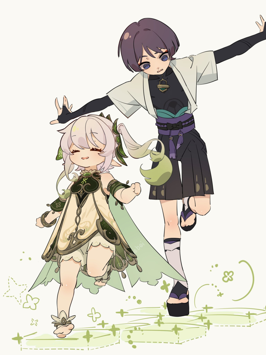 1boy 1girl bangs bloomers blue_eyes closed_eyes detached_sleeves dress genshin_impact green_hair green_sleeves highres japanese_clothes leg_up long_hair miemiebei nahida_(genshin_impact) outstretched_arms parted_lips pointy_ears ponytail purple_hair sandals scaramouche_(genshin_impact) side_ponytail simple_background toeless_footwear underwear wanderer_(genshin_impact) white_bloomers white_dress white_footwear white_hair