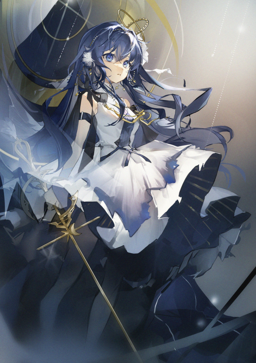 1girl arknights astesia_(arknights) astesia_(frlibre_on_the_palace)_(arknights) bangs bare_shoulders blue_eyes blue_hair breasts dress elbow_gloves feet_out_of_frame gloves hair_intakes highres holding holding_sword holding_weapon layered_dress long_hair looking_at_viewer official_alternate_costume parted_lips sleeveless sleeveless_dress small_breasts solo standing sword very_long_hair weapon white_dress white_gloves zeriko