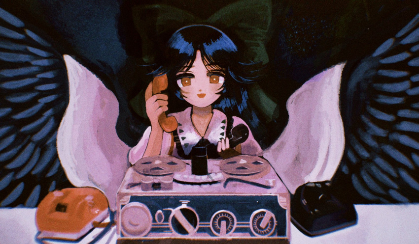 1girl :d bangs bird_wings black_hair black_wings blush bow bright_pupils cape collared_shirt commentary corded_phone feathered_wings green_bow hair_bow hands_up hell0120 highres holding holding_phone large_wings long_hair looking_at_viewer open_mouth orange_eyes parted_bangs phone reiuji_utsuho shirt smile solo touhou upper_body white_cape white_pupils white_shirt wings