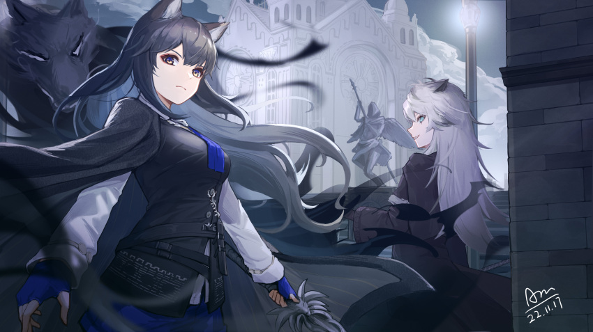 2girls absurdres animal_ear_fluff animal_ears aqua_eyes arknights belt black_cape black_coat black_hair black_vest blue_gloves blue_necktie blue_shorts breasts brown_eyes building cape chiyo_akira coat cowboy_shot dared fingerless_gloves gloves grey_hair grin highres holding holding_sword holding_weapon lamppost lappland_(arknights) lappland_(refined_horrormare)_(arknights) large_breasts long_hair long_sleeves looking_at_viewer multiple_girls necktie official_alternate_costume outdoors parted_lips sharp_teeth shirt shorts signature smile sword teeth texas_(arknights) texas_the_omertosa_(arknights) v-shaped_eyebrows very_long_hair vest weapon white_shirt wolf wolf_ears