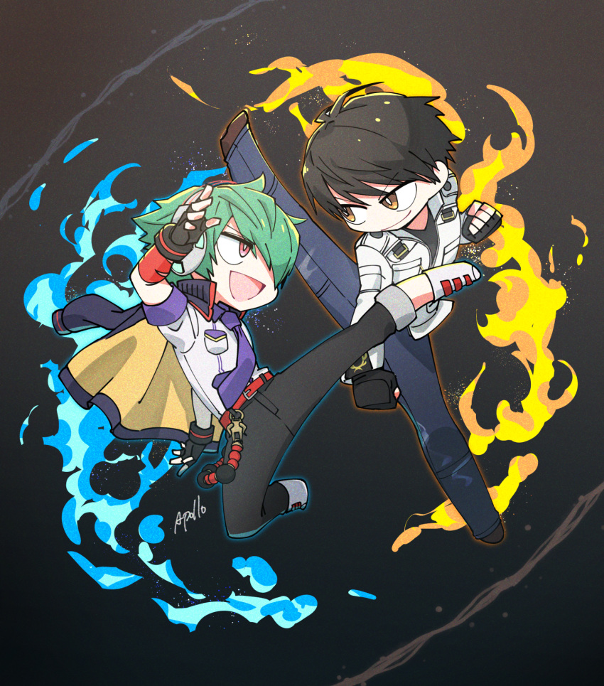 2boys apollo_(pixiv884782) bangs belt black_background black_gloves black_hair black_pants black_shirt blue_fire brown_eyes clenched_hand denim fingerless_gloves fire gloves green_hair hair_over_one_eye high_kick highres jacket jacket_on_shoulders jeans kicking kusanagi_kyou leather leather_jacket looking_at_another male_focus multiple_boys neck necktie open_mouth pants partially_unzipped purple_necktie pyrokinesis red_eyes shirt shun'ei signature sleeves_rolled_up smile the_king_of_fighters the_king_of_fighters_xiv track_jacket wallet_chain white_jacket