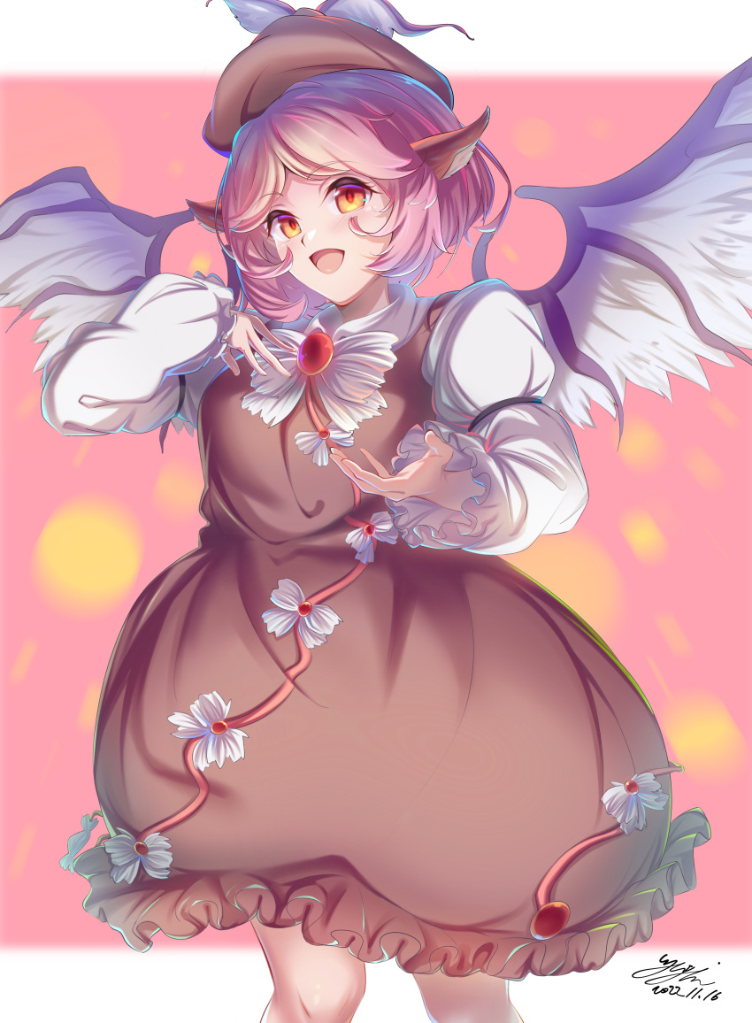 1girl absurdres animal_ears bird_ears bird_wings blush brown_dress brown_headwear dated dress feet_out_of_frame frilled_dress frilled_sleeves frills hat highres long_sleeves mystia_lorelei open_mouth pink_hair short_hair signature smile solo touhou white_wings winged_hat wings yellow_eyes yujin_(kanouyuuto-0423)