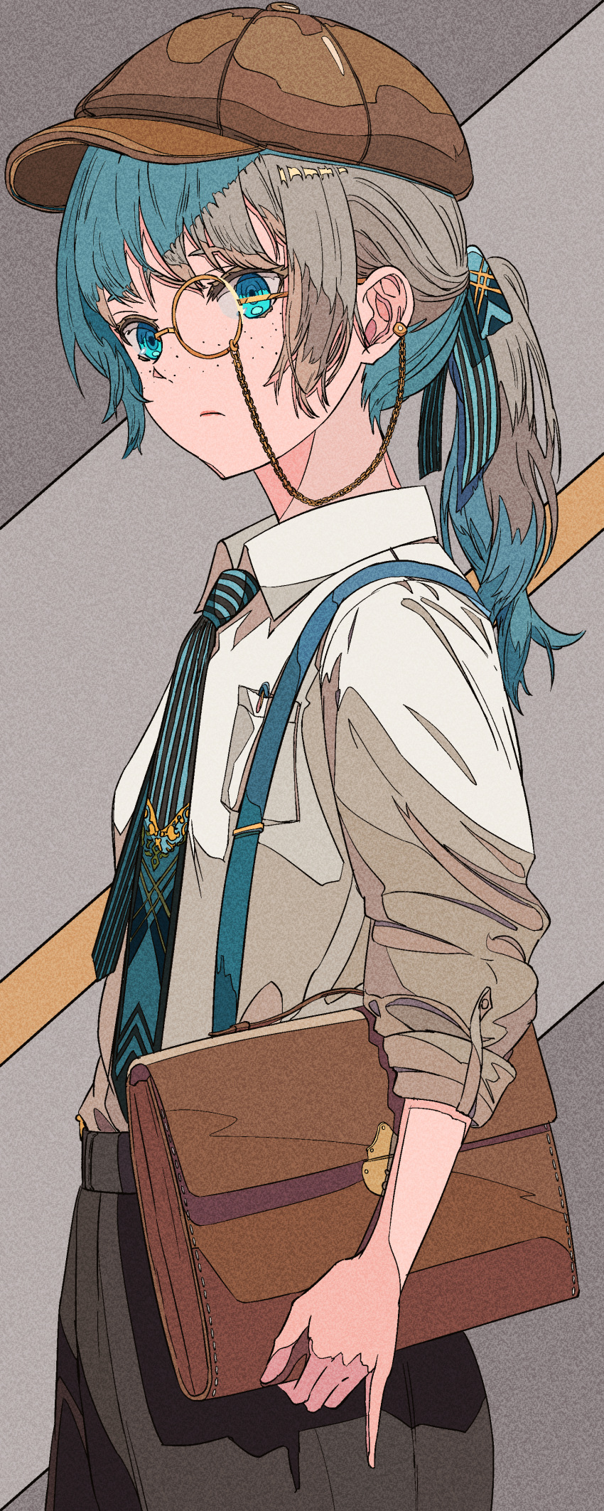 1girl absurdres bag blue_eyes blue_hair blue_necktie brown_pants collared_shirt commentary_request cowboy_shot flat_cap freckles grey_background grey_hair hair_tie hat highres holding holding_bag long_hair long_sleeves looking_away monocle multicolored_hair natsugu72 necktie original pants ponytail profile shirt simple_background sleeves_rolled_up solo standing two-tone_hair white_shirt
