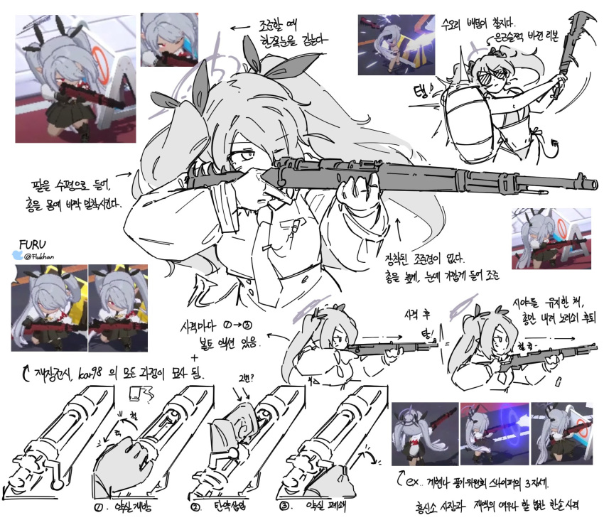 1girl bangs blue_archive closed_mouth flukhan game_screenshot gloves gun hair_ribbon halo highres hitting holding holding_gun holding_weapon iori_(blue_archive) iori_(swimsuit)_(blue_archive) korean_text long_hair long_sleeves multiple_views necktie reference_inset ribbon simple_background sunglasses translation_request twintails twitter_username weapon white_background