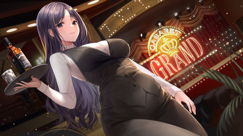 1girl alcohol arm_at_side bangs black_pants black_vest blonde_hair bottle breasts buttons collared_shirt commission cup drinking_glass dutch_angle hand_up high-waist_pants highres holding holding_tray indoors korean_commentary large_breasts light_particles lillly long_hair long_sleeves looking_at_viewer multicolored_hair original pants parted_bangs purple_hair shirt smile solo standing streaked_hair tray vest waitress wavy_hair whiskey white_shirt