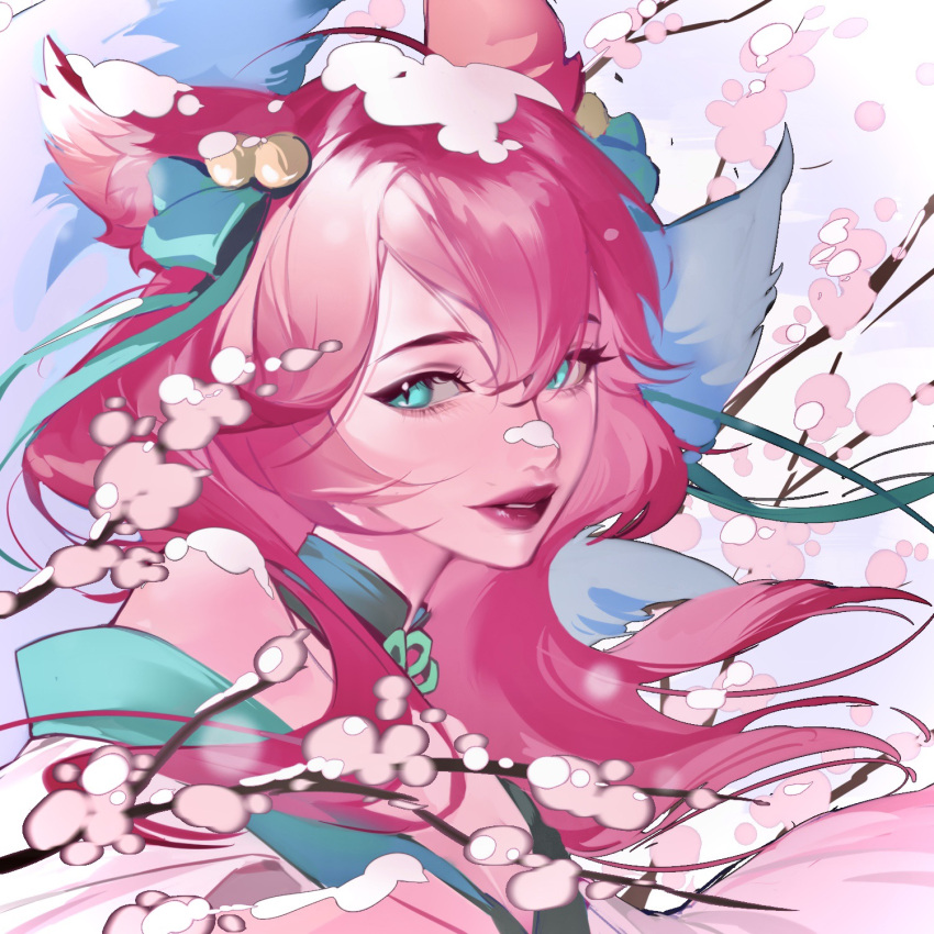 1girl ahri_(league_of_legends) animal_ears aqua_bow aqua_eyes bell bow cherry_blossoms choker fox_ears hair_bell hair_between_eyes hair_bow hair_ornament highres japanese_clothes kimono league_of_legends lenhato long_hair multicolored_clothes multicolored_kimono official_alternate_costume parted_lips pink_hair pink_lips slit_pupils solo spirit_blossom_ahri upper_body