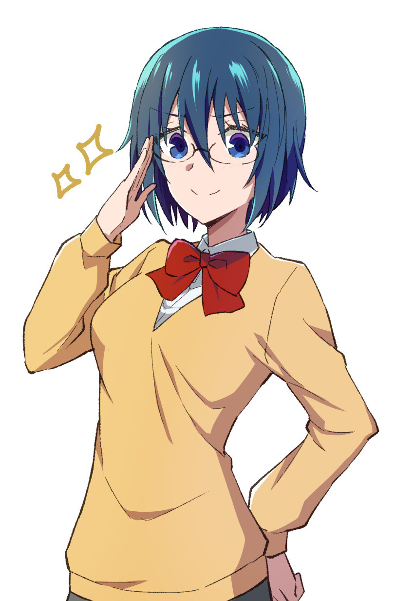 1girl adjusting_eyewear azami_masurao bangs blue_eyes blue_hair bow bowtie cardigan ciel_(tsukihime) closed_mouth collared_shirt commentary_request cosplay glasses hair_between_eyes hand_on_hip highres long_sleeves looking_at_viewer red_bow school_uniform shirt short_hair simple_background smile solo tsukihime tsukihime_(remake) uniform white_background white_shirt yellow_cardigan yumizuka_satsuki yumizuka_satsuki_(cosplay)