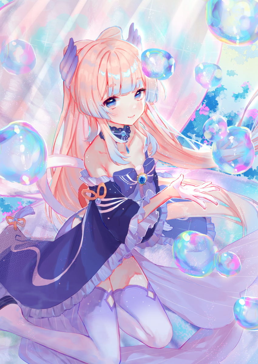 1girl air_bubble bangs bare_shoulders blue_eyes blue_gemstone blue_hair blunt_bangs blush bow-shaped_hair bubble choker closed_mouth colored_tips commentary_request frilled_babydoll frilled_sleeves frills gem genshin_impact gloves half_gloves hand_up harushio head_wings highres kneeling lace-trimmed_choker lace_trim long_hair looking_at_viewer multicolored_hair pink_hair sangonomiya_kokomi short_eyebrows sidelocks smile solo thick_eyebrows thigh-highs underwater vision_(genshin_impact) white_gloves white_thighhighs wide_sleeves